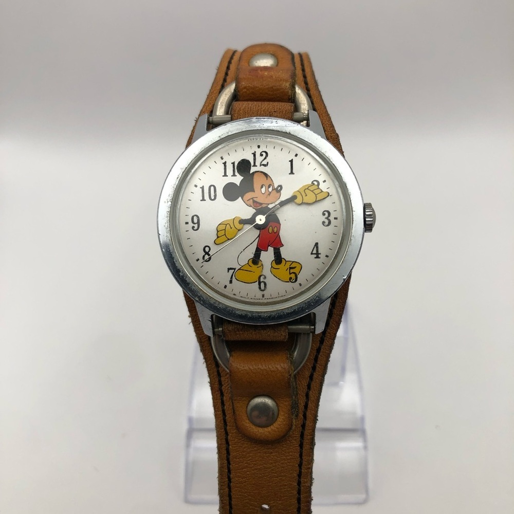 Disney Timex Vintage Mickey Mouse Unisex Watch Brown Band (Needs Battery) Works